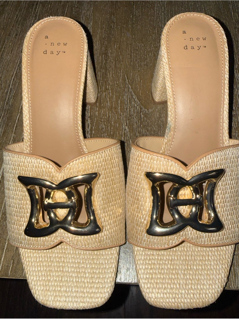 A New Day Beige Raffia Slide Mules with Gold Emblem